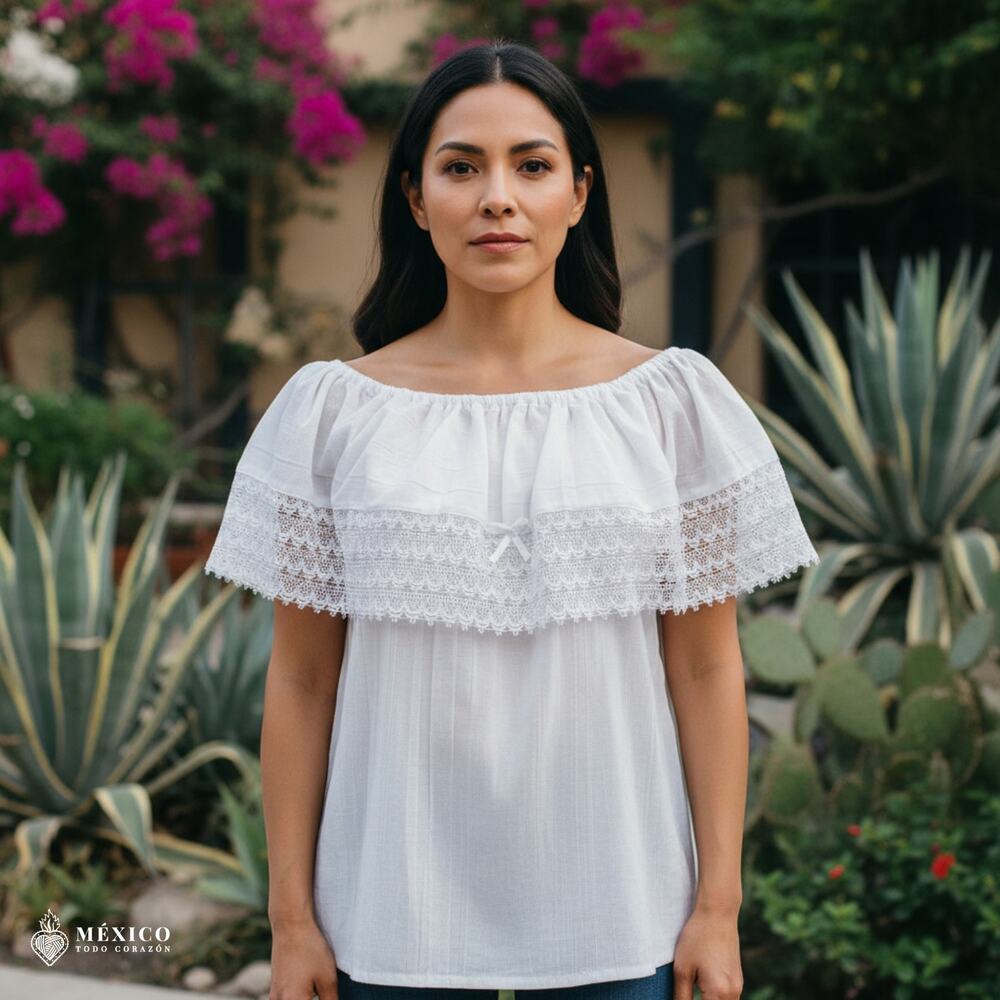 White Mexican Blouse with Lace Trim – Lightweight Chiffon-Style Top for Women